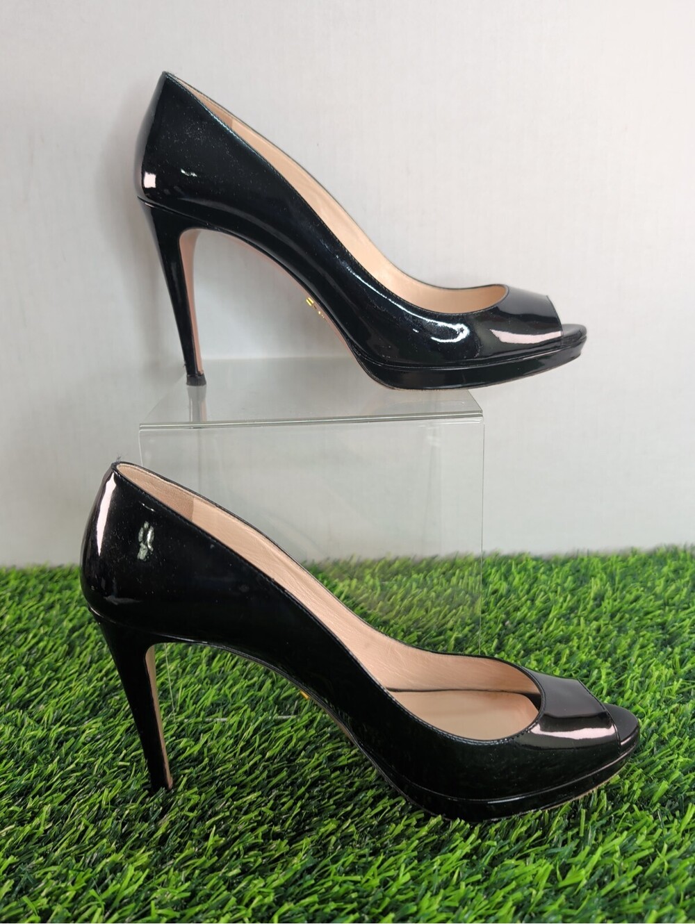 PRADA Black Patent Leather, Peep Toe Platform Pump Women’s SZ 38 M. Italy.
